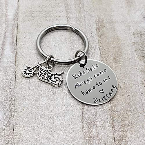 Ride Safe Keychain with Motorcycle Always Come Home to Me Handstamp Biker Gift Be Safe Gift