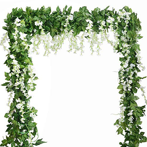 Wisteria Garland Artificial Silk Wisteria Vine 5pcs 7.2ft Piece Ivy Leaves Garland Wisteria Artificial Flowers Hanging Plants Greenery Fake Vines for Wedding Garland Arches Home Party Decor  White