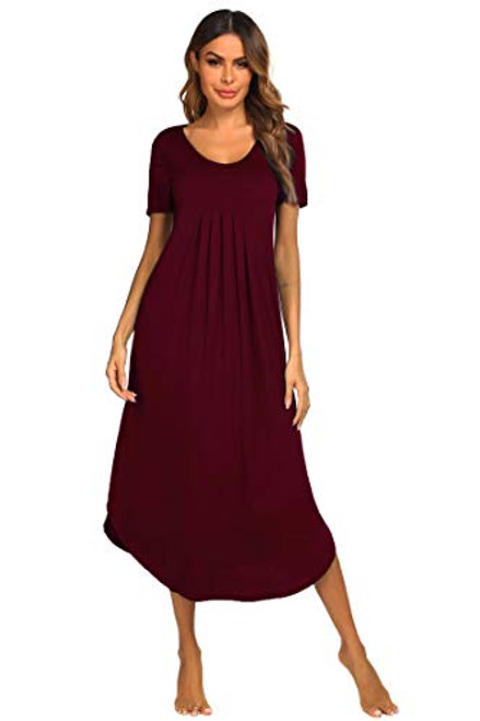 Ekouaer Sleepwear Womens Casual Gowns Nightshirt Short Sleeve Long Nightgown Wine Red S
