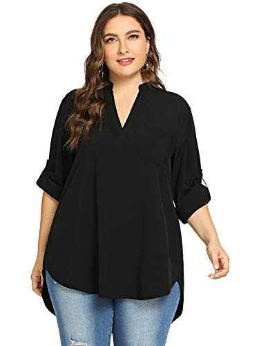 Milumia Womens Plus Size V Neck Rolled Up Long Sleeve High Low Hem Loose Blouse Shirt Top Black 3X-Large Plus