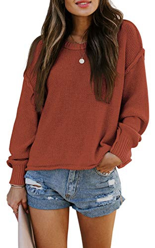 TARSE Womens Drop Shoulder Crewneck Sweater Long Loose Lantern Sleeve Pullover Tops Rust red XL