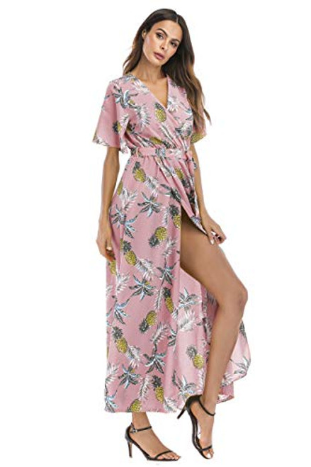 M.Nollby Womens Bohemian Floral Printed Short Sleeve V Neck Dress Wrap Long Beach Maxi Dress
