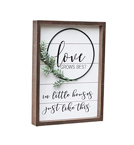 Parisloft Wood Wall Sign with Inspirational Love Quote - Love Grows Best in Little House Just Like This   Rustic Farmhouse Accent Love Sign Plaque with PVC Green Leaf