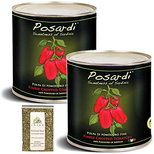 Posardi Premium Finely Chopped Sardinian Tomatoes Imported from Sardinia Italy  One of the Blue Zone regions of the World  90oz  Pack of 2   plus  FREE Premium Basil Leaves from Rhino Fine Foods.071oz