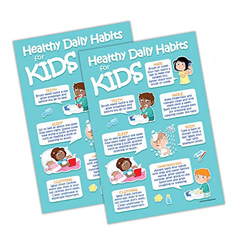 2 Pack  Kids 7 Healthy Daily Habits Poster - Hygiene Posters for Kids - Kids Health Posters for School - Health Posters for School Nurse Office - 12 x 18 in - Laminated