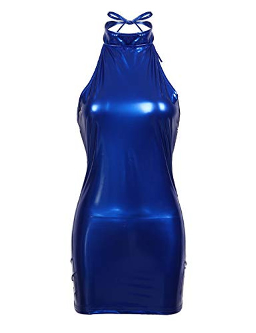 Yeahdor Womens PVC Wet Look Halter Backless Bodycon Mini Cocktail Party Club Dress Clubwear Blue One Size