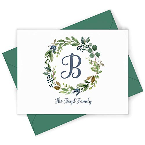 NAVY MONOGRAM FOLDED - Personalized Family Wreath Elegant Stationery Stationary Note Card and Envelope Set