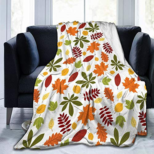 Thanksgiving Flannel Bed Blanket Red Green Maple Leaf Fall Pumpkin Throw Blanket Soft Cozy Warm Lightweight Blankets for Couch Bed Living Room Bedroom