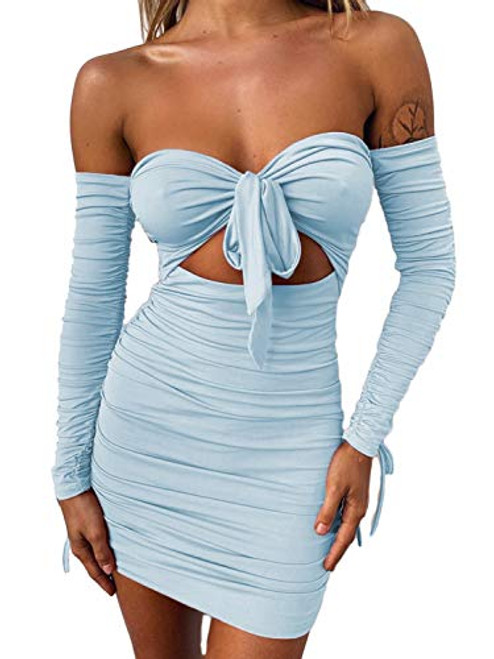 wsevypo Womens Off Shoulder Long Sleeve Tie Knot Front Cutout Ruched Bodycon Mini Dress Party Club Tube Short Dress Blue L wsevypo Womens Off Shoulder Long Sleeve Tie Knot Front Cutout Ruched Bodycon Mini Dress Party Club Tube Short Dress Blue L