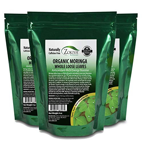 Zokiva Nutritionals - Moringa Leaves 4 oz x 3-Pack Organic Loose Dried Moringa Leaf Tea - Drumstick Leaves - A Natural Caffeine - Free Source for Vitamins Minerals and Antioxidants - In Zip Lock Pouch Zokiva Nutritionals - Moringa Leaves 4 oz x 3-Pack Organic Loose Dried Moringa Leaf Tea - Drumstick Leaves - A Natural Caffeine - Free Source for Vitamins Minerals and Antioxidants - In Zip Lock Pouch