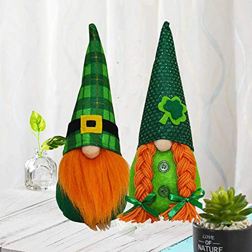 2PCS St Patricks Day Gnome Plush Faceless Doll Decorations - Mr and Mrs Handmade Green Trefoil Scandinavian Tomte Cute Doll Ornaments for St Patricks Day Present Table Ornament  B