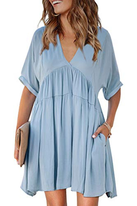 EVALESS Women Summer V Neck Tunic Dress Flowy Swing Shift Mini Dress Casual Loose Pocket Dress