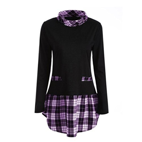 iYBUIA Women Autumn Winter Long Sleeve Plaid Patchwork Plus Size Tops Blouse T-Shirts Purple XXXL