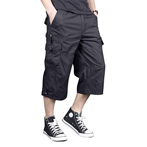 MAGNIVIT Mens Long Shorts Elastic Cargo Shorts Below Knee Capri Pants Loose Fit 3 4 Cotton Cargo Shorts Grey MAGNIVIT Mens Long Shorts Elastic Cargo Shorts Below Knee Capri Pants Loose Fit 3 4 Cotton Cargo Shorts Grey