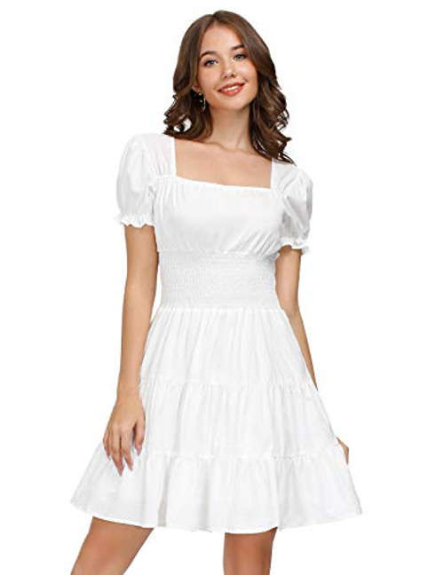 KANCY KOLE Smocked Waist Dress for Women Summer Ruffle White Dress Square Neck Mini Dress  White XL