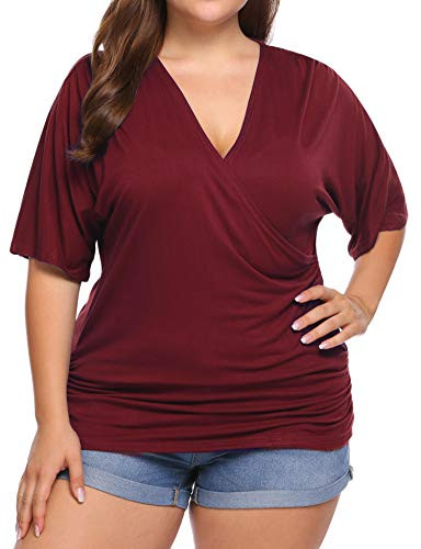 INVOLAND Plus Size Women V Neck Wrap Front Drape Tops Short Sleeve Pleated Waist Shirt Blouse Wine Red 16W