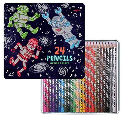 eeBoo Silver Robots Colored Pencils in Tin Case, Set of 24