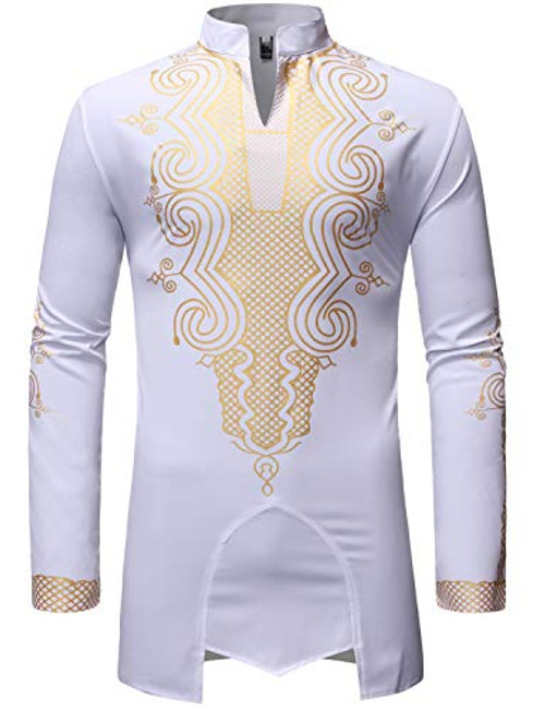 LucMatton Mens Traditional African Dashiki Luxury Metallic Gold Printed Shirt White XX-Large LucMatton Mens Traditional African Dashiki Luxury Metallic Gold Printed Shirt White XX-Large