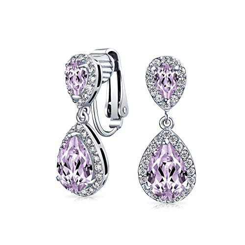 Lavender Teardrop CZ Halo Prom Drop Statement Clip On Earrings Simulated Alexandrite Cubic Zirconia Silver Plated Brass