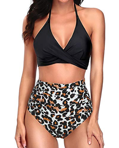 Yonique Halter Bikini Swimsuits for Women High Waisted Two Piece Bathing Suits Ruched Twist Front Swimwear Leopard S