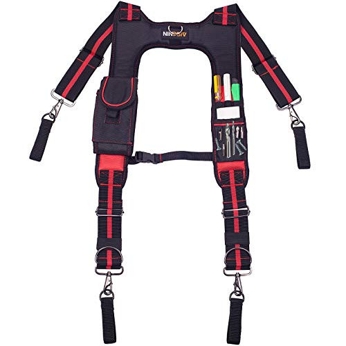 AISENIN Construction Tool Belt Suspenders Magnetic Suspenders with Magnet Pockets Large Moveable Phone Holder Pencil HolderSuspender Loop Red