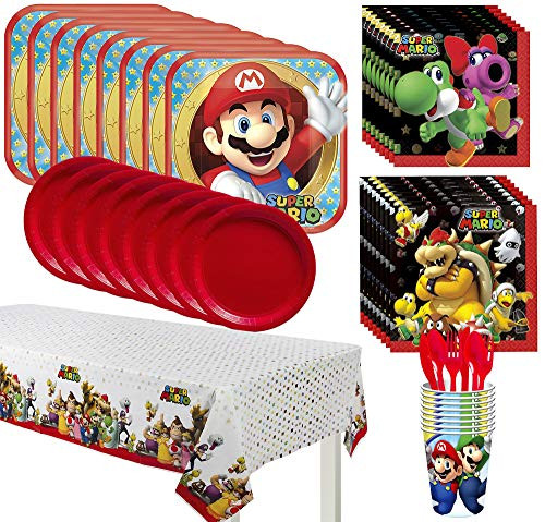 Party City Super Mario Kids Birthday Party Supplies for 8 Guests Includes Plates Napkins Table Cover Utensils Cups