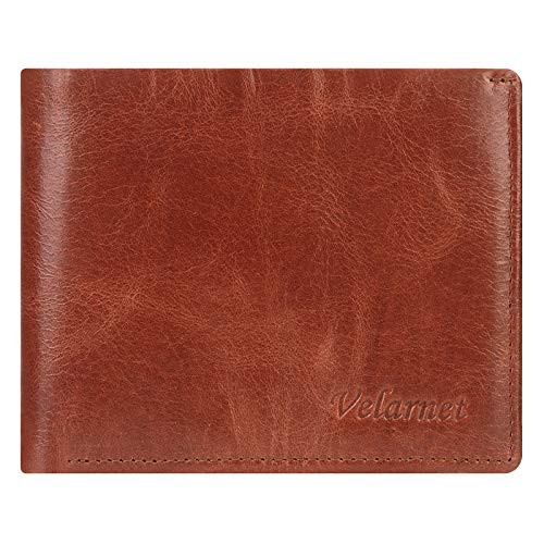 Velarnet Mens RFID Blocking Bifold Wallet Soft Genuine Leather Extra Capacity Mens Wallet Brown