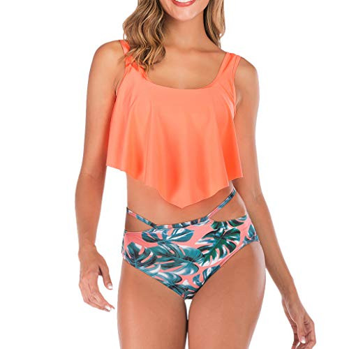 Two Piece High Waisted Swimsuits for Women Tummy Control Bathing Suit Ruffled Top with Floral Bottom Bikini Set Swimwear Orange S