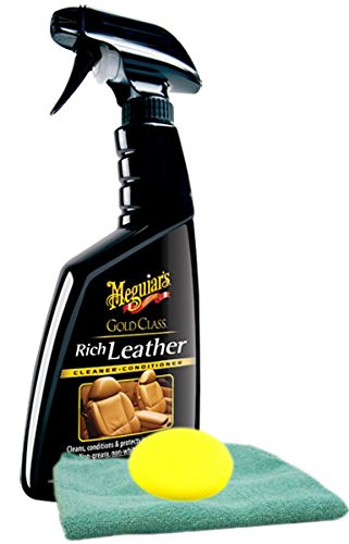Meguiars Gold Class Rich Leather Spray  15.2 oz.  Bundle with Microfiber Cloth  and  Foam Pad  3 Items