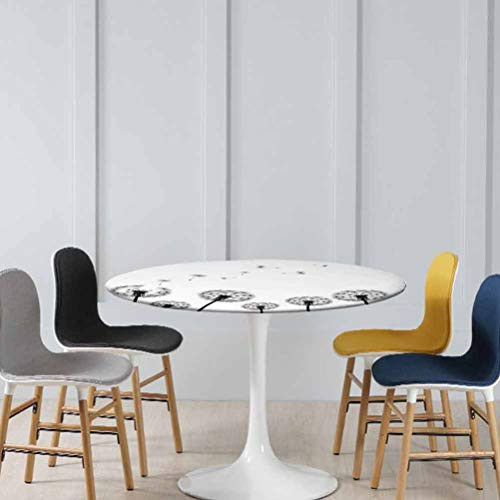 Round Elastic Table Cloth Black Flower Silhouettes Wind Effect Blowball Plant Pollens Nature Elastic Round Table Cover No Fabric Draping Down for Puppy to Grab Black White Diameter - 31 Inch