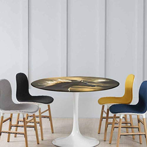 Round Elastic Table Cloth Chestnut Horse Profile on Dramatic Cloudy Sunset Sky Strong Wild Young Mammal Waterproof Table Pads No Fabric Draping Down for Puppy to Grab Brown Yellow Diameter - 31 Inch