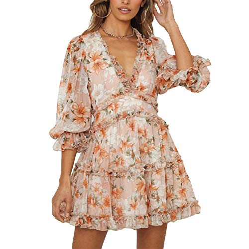 Womens Floral Mini Dress Deep V-Neck Ruffled Chiffon Short Dress Casual Party Beach Summer Dress  Backless Mid Sleeve S