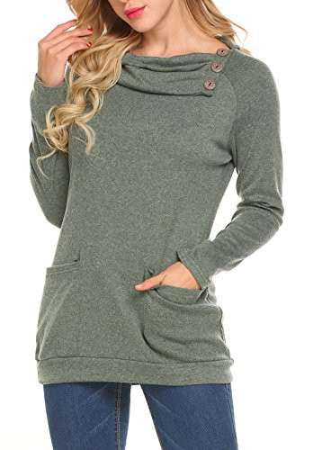 POGTMM Womens Raglan Long Sleeve Button Cowl Neck Pullover Sweatshirts Tunic Tops with Pockets  M Green