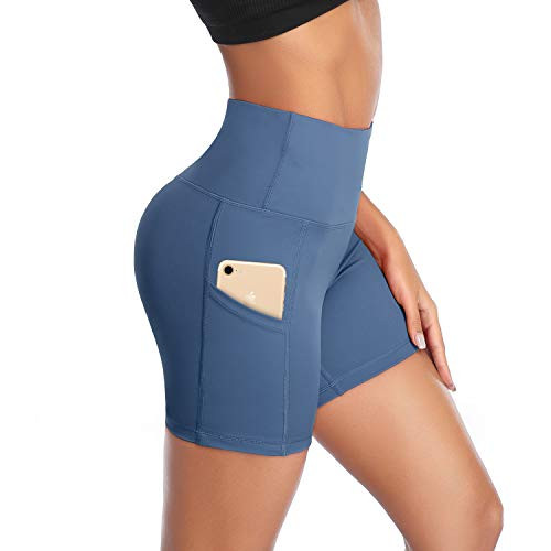 DAYOUNG Women Yoga Shorts High Waist Tummy Control Workout Biker Running Athletic Compression Short with Pockets Y27-Haze Blue-L DAYOUNG Women Yoga Shorts High Waist Tummy Control Workout Biker Running Athletic Compression Short with Pockets Y27-Haze Blue-L