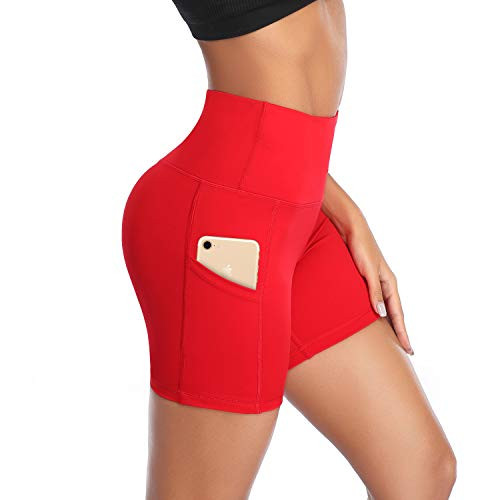 DAYOUNG Women Yoga Shorts High Waist Tummy Control Workout Biker Running Athletic Compression Short with Pockets Y27-Red-S