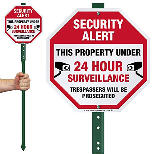 SmartSign Security Alert - This Property Under 24 Hour Surveillance Trespassers Will Be Prosecuted Sign for Lawn 10 inch Octagon Aluminum Sign with 3 Stake SmartSign Security Alert - This Property Under 24 Hour Surveillance Trespassers Will Be Prosecuted Sign for Lawn 10 inch Octagon Aluminum Sign with 3 Stake