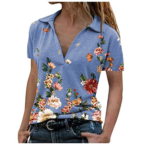 Shan-S Womens Lapel V Neck T-Shirt Tops Summer Casual Loose Printed Short Sleeve Shirts Loose Blouse Fit Tees