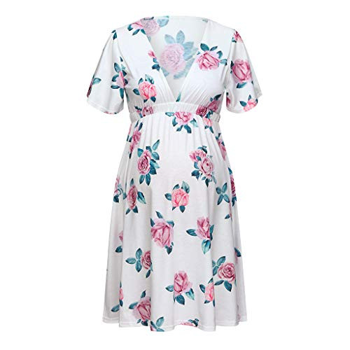 POPNINGKS Womens Maternity Dresses Short Sleeve Pregnant Mini Dress Flower Mama Dress Pregnancy Baby Shower Dresses White