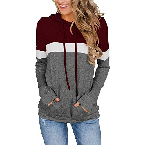 Womens Color Block Lightweight Long Sleeve Hoodies Tops Casual Drawstring Pullover Sweatshirts with Pocket  Wine Red Grey XXL