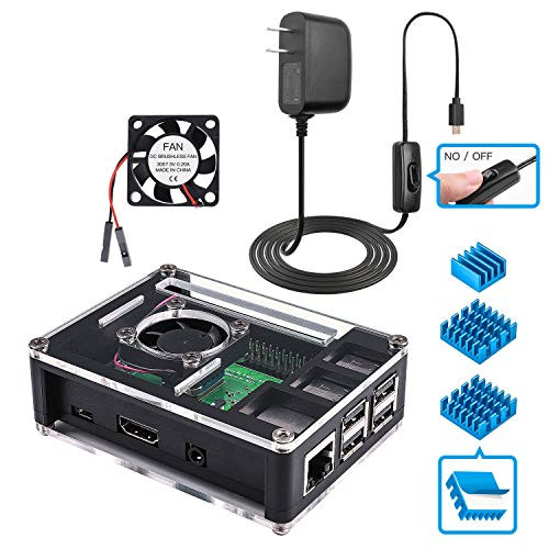 Miuzei Raspberry Pi 3B+ Case with Fan, 3 Pcs Heat Sinks, 5V 3A Power Supply with ON/Off Button, Compatible with Raspberry Pi 3 Model B, Raspberry Pi 3 Model B+ (Not Included The Pi 3B+ Board