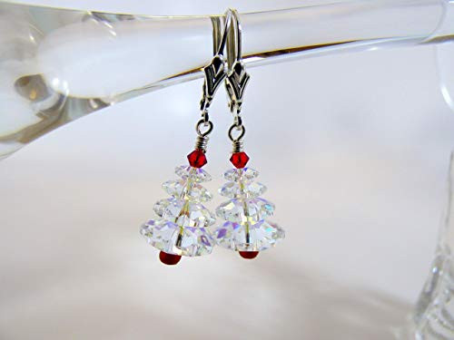 Christmas Tree Earrings Made From Swarovski Crystals on Sterling Silver Leverback Ear Wires-Crystal AB Version Christmas Tree Earrings Made From Swarovski Crystals on Sterling Silver Leverback Ear Wires-Crystal AB Version