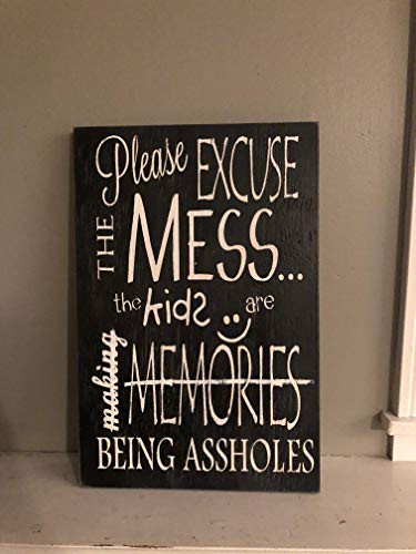 Wood Sign Entryway Please Excuse The Mess The Kids Are Being A**holes Sign Funny Christmas Gift Moms Daughters We Live Here