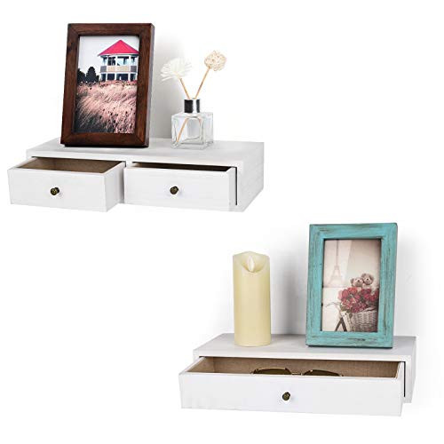 Emfogo Floating Shelves with Drawer Rustic Wood Wall Shelves for Storage and Display Multiuse as A Nightstand or Bedside Shelf Set of 2 Vintage White