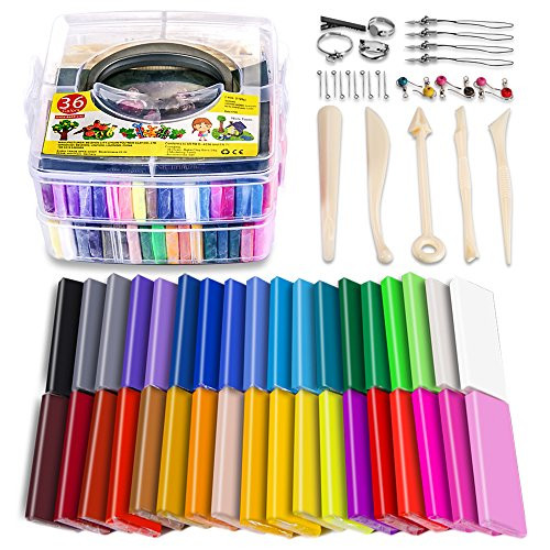 CiaraQ Polymer Clay Starter Kit, 36 Colors Oven Bake Clay, Baking Modeling Clay, DIY Soft Craft Clay, 5 Sculpting Tools, 30 Jewelry Accessories, and Storage Box. 36 Blocks [1 oz/Piece]