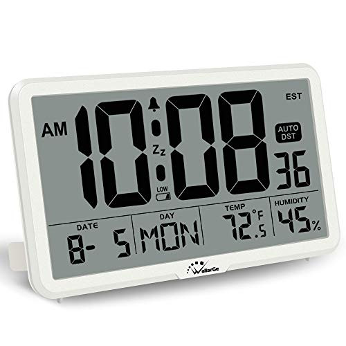 WallarGe Digital Wall ClockAutoset Desk Alarm Clock with TemperatureHumidity and DateBattery OperatedDigital Clock Large Display for SeniorsAuto DST8 Time Zone. White