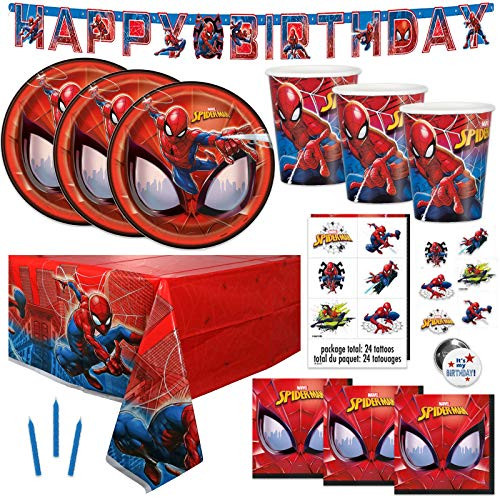 Spiderman Theme Birthday Party Supplies Set - Serves 16 - Banner Table Cover Plates Cups Napkins Tattoos Button Candles