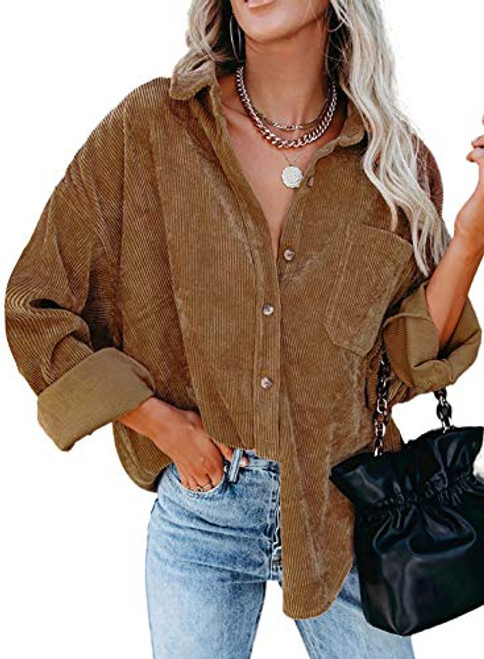 Astylish Womens Corduroy Shirts Button Down V Neck Long Sleeve Blouse Casual Roll Up Cuffed Tops with Pockets Brown S