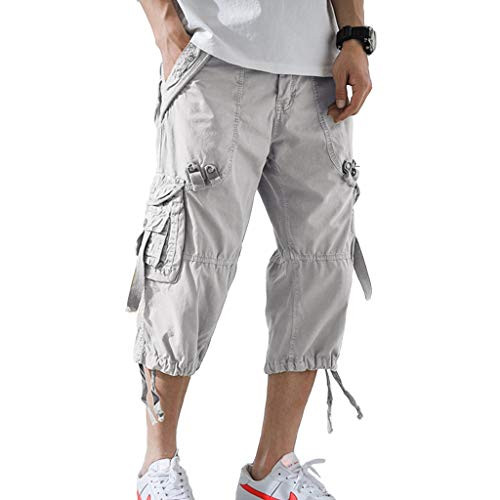 DONGD Mens Cargo Shorts Cotton 3 4 Loose Fit Below Knee Capri Cargo Short Light Grey DONGD Mens Cargo Shorts Cotton 3 4 Loose Fit Below Knee Capri Cargo Short Light Grey