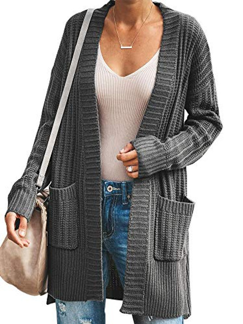 Soulomelody Womens Long Cardigan Sweaters Open Front Duster Long Sleeve Cable Knit Coat with Pockets Dark Gray