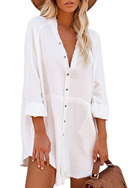 Pink Queen Women V Neck Long Sleeve Button Down Blouse Tunic Shirt Mini Dress with Pockets White XL